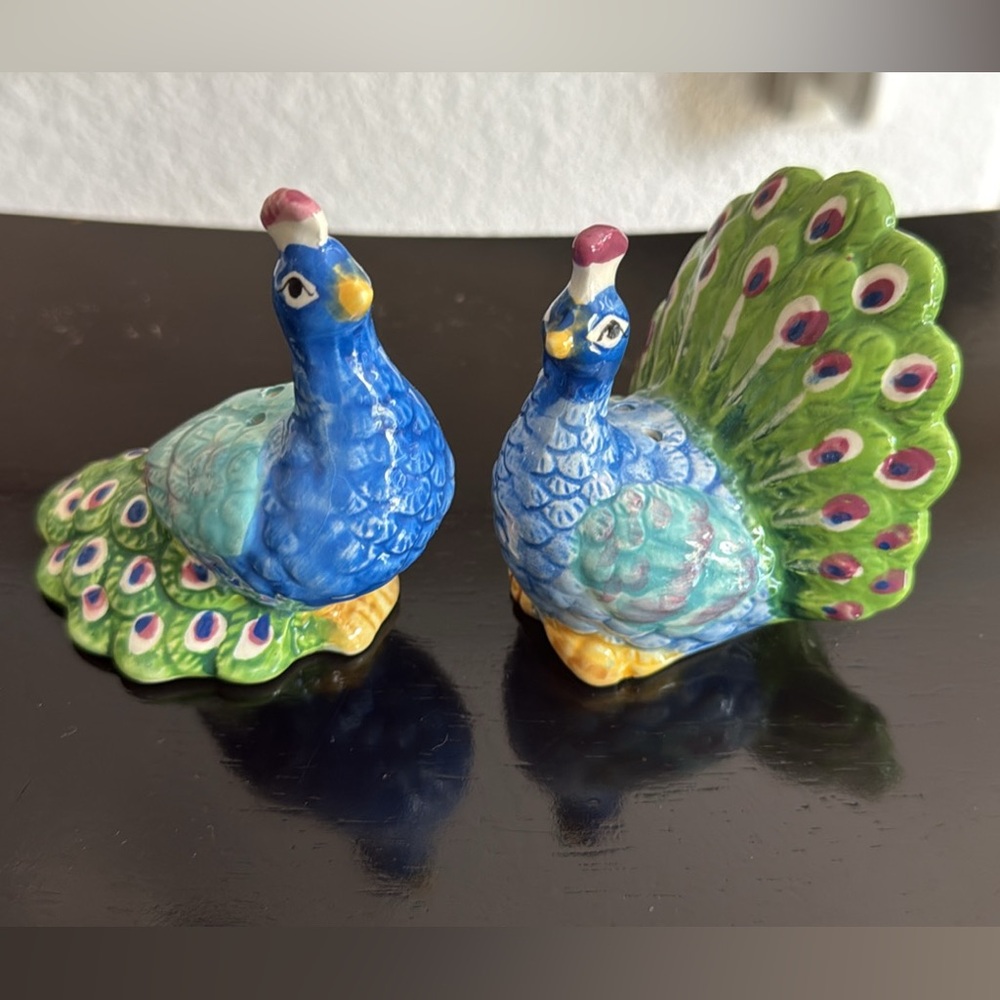 Hand-Painted Ceramic Peacock Salt & Pepper Shakers - Blue & Green